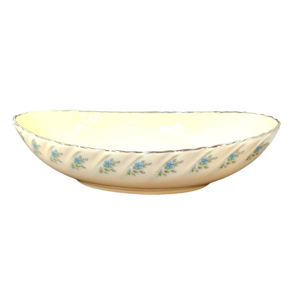 Lenox Rosedale Oval Serving Bowl 9.5 Inch Blue Roses Silver Trim Made In USA